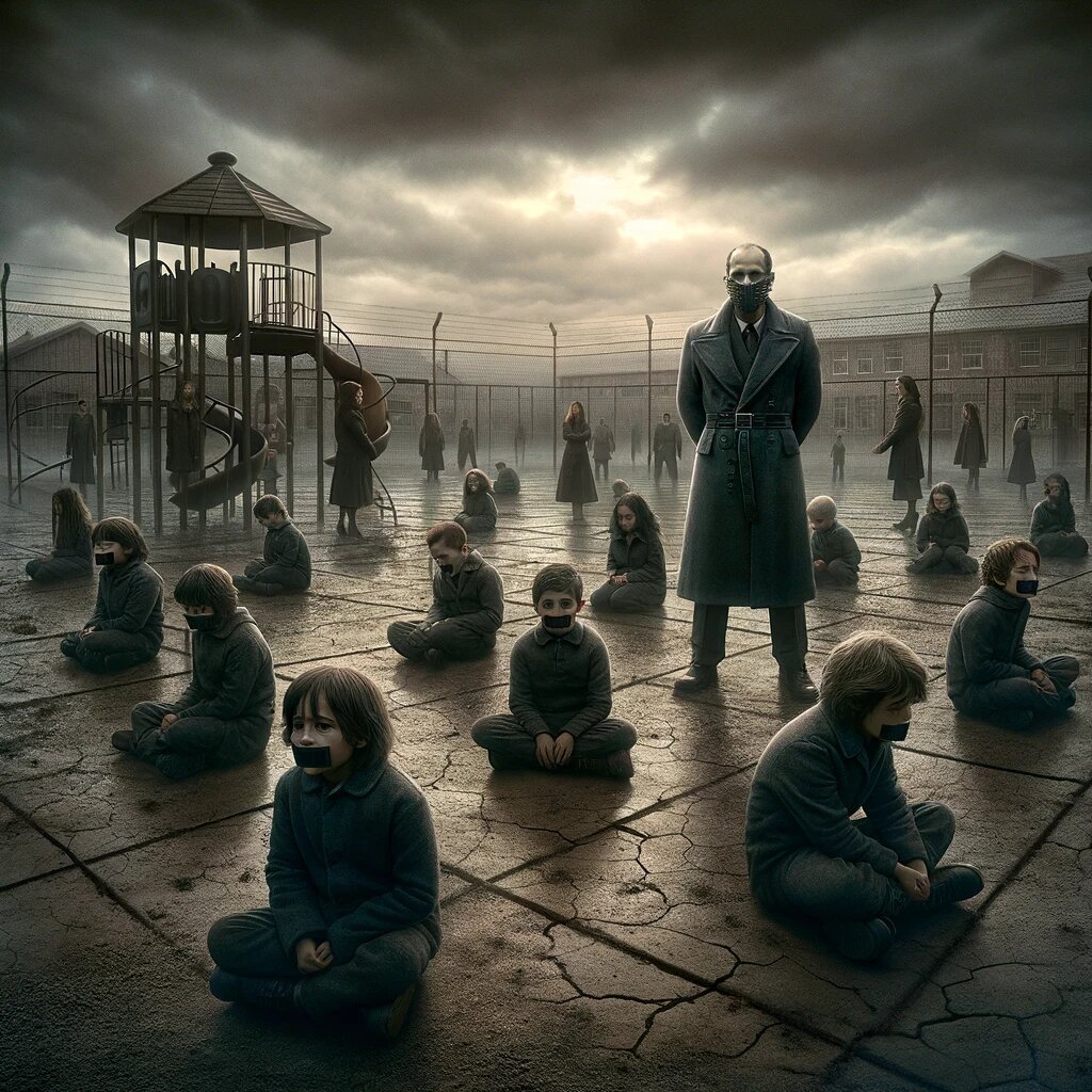 DALLE 2024-03-17 20.57.13 - In a schoolyard that holds the chilling echoes of fear and silence, a scene unfolds under the overcast sky of an early afternoon. The ground is barren.jpeg